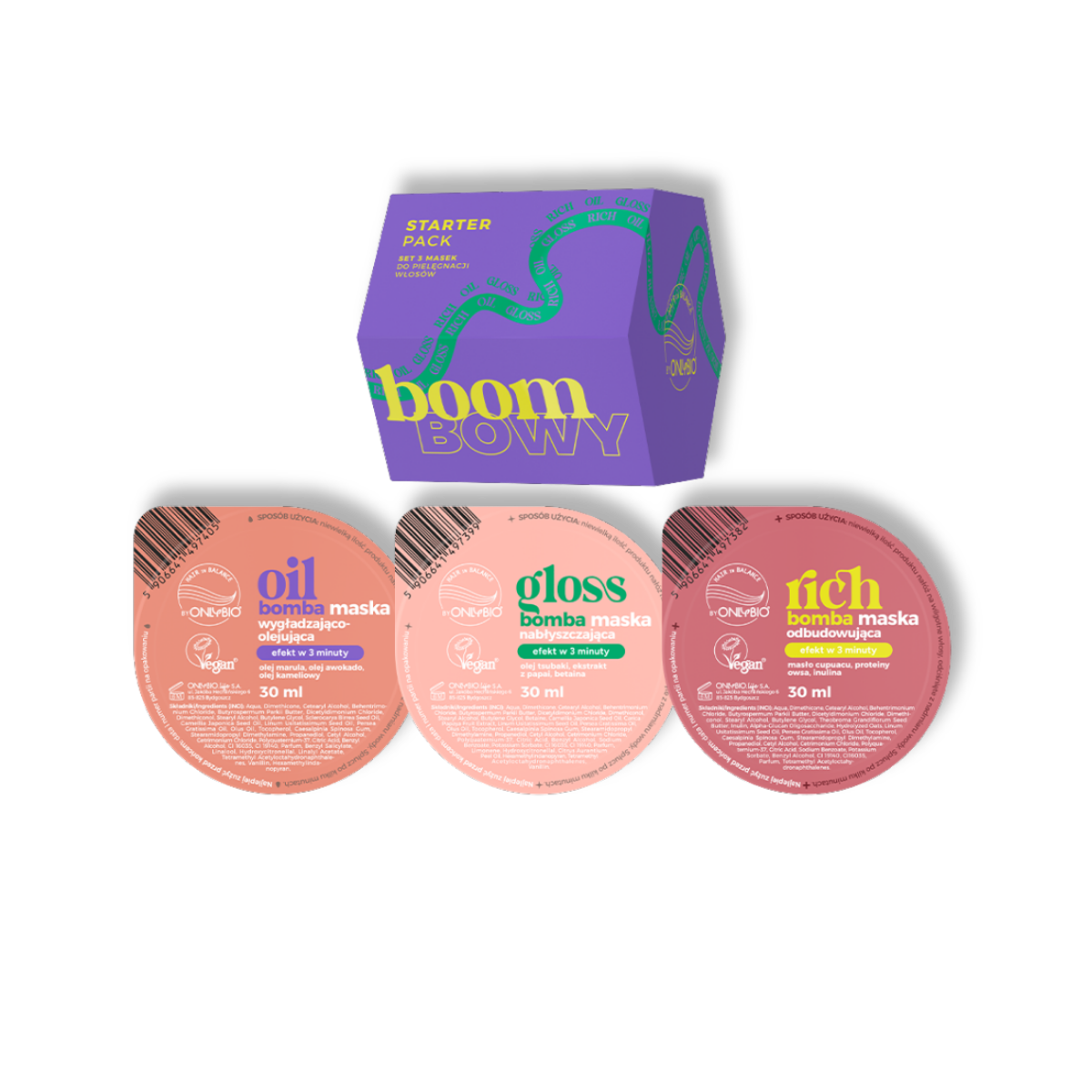 OnlyBio Hair in Balance Boom Bowy Starter Pack Set 3 Haarmaskers Gloss + Oil + Rich Bomba Vegan 3x30ml