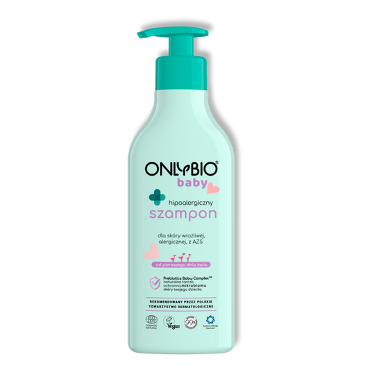 OnlyBio Baby Hipoalergiczny szampon do skóry wrażliwej i alergicznej Azs Prebiotyki Kompleks dla niemowląt Wegański Od 1. dnia życia 300ml