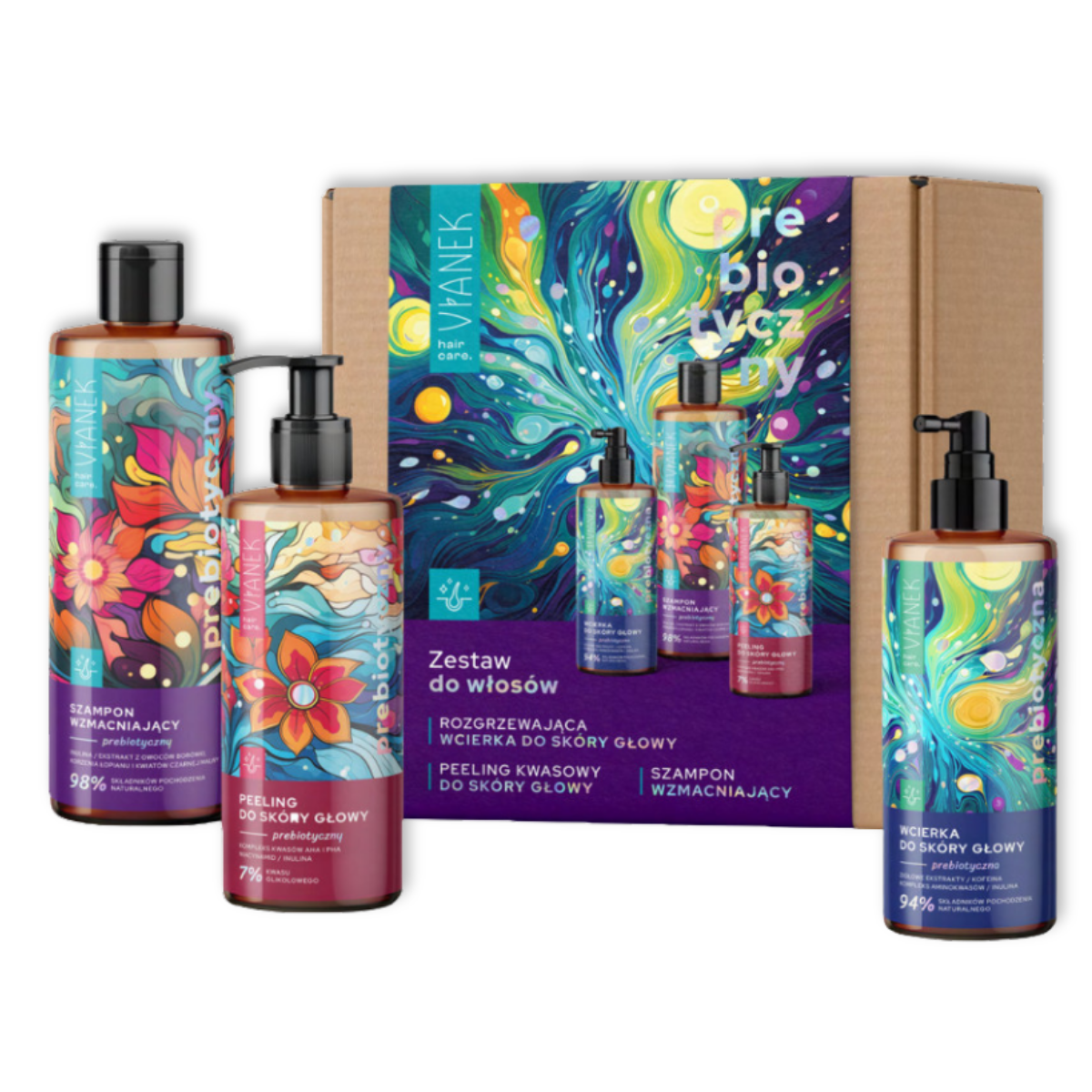Zestaw do pielęgnacji włosów Vianek Prebiotyczny - Wcierka do skóry głowy 150ml + Peeling kwasowy 150ml + Szampon wzmacniający 300ml